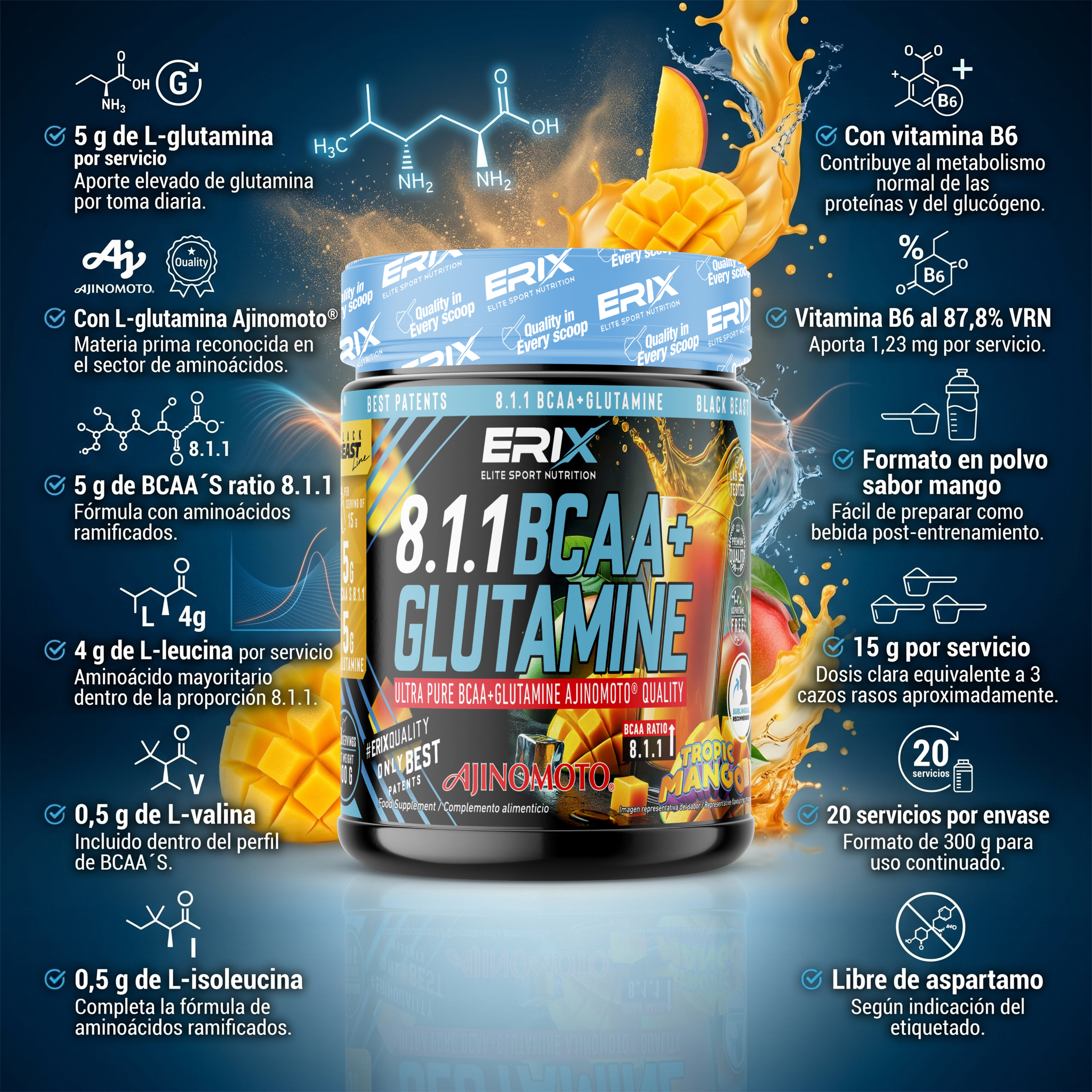 Beneficios Glutamina + BCAA Ajinomoto Mango